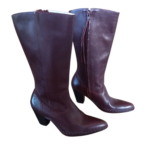 ❌SOLD❌Frye Vintage Burgundy Leather Heeled Boots Bohemian Western Size 6.5 RARE - Picture 4 of 12